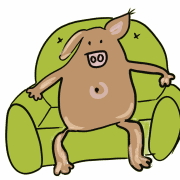 Zeichnung eines Schweinehunds, der breit auf dem Sofa sitzt